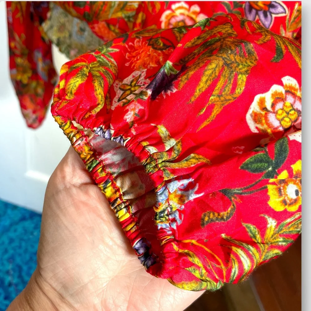 Nikasha Top MEDIUM Red Floral Mock Neck Puff Sleeve Smocked Waist Neck Tie EUC - Picture 5 of 10